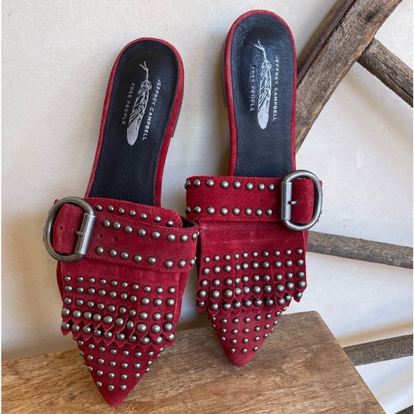 JEFFERY CAMPBELL FREE PEOPLE Shoes Red Studded Fringed Suede Buckle Flats 8.5M - Picture 1 of 12
